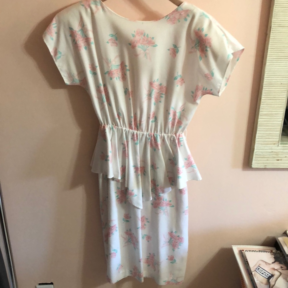80s cream pink floral peplum dress size S